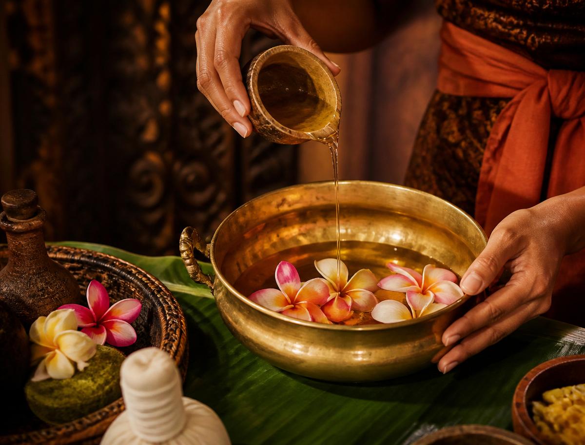 Warm oil being poured into a brass bowl with frangipani flowers